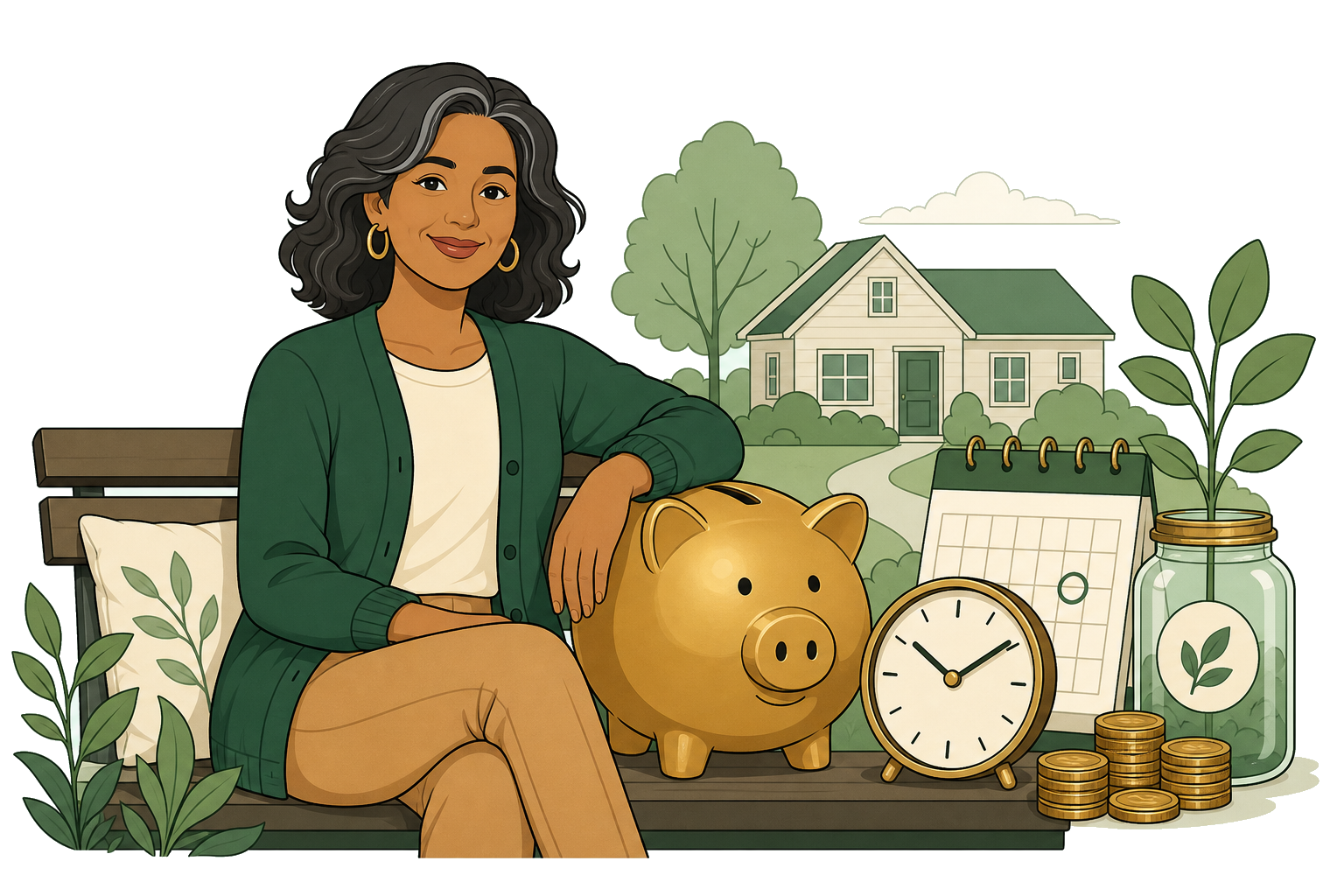 Woman planning retirement with nest egg and clock